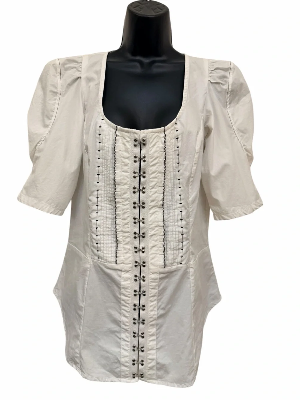 Anthropologie White Corset Hook & Eye Puff Sleeve Tunic Top Medium